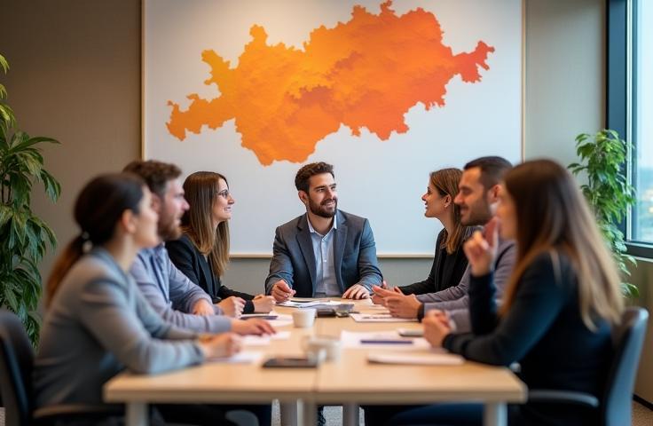 Oskafen Team bei einer Besprechung, Österreichkarte im Hintergrund